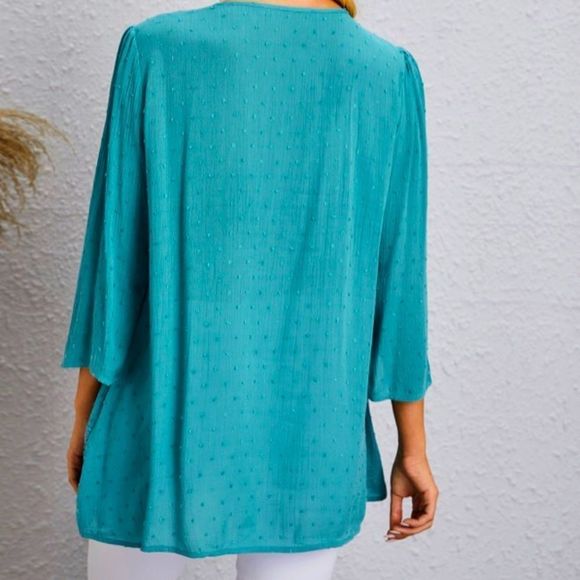 NWT! SWISS DOT LACE TRIM SOLID BLOUSE IN CADET BLUE! - Picture 3 of 12